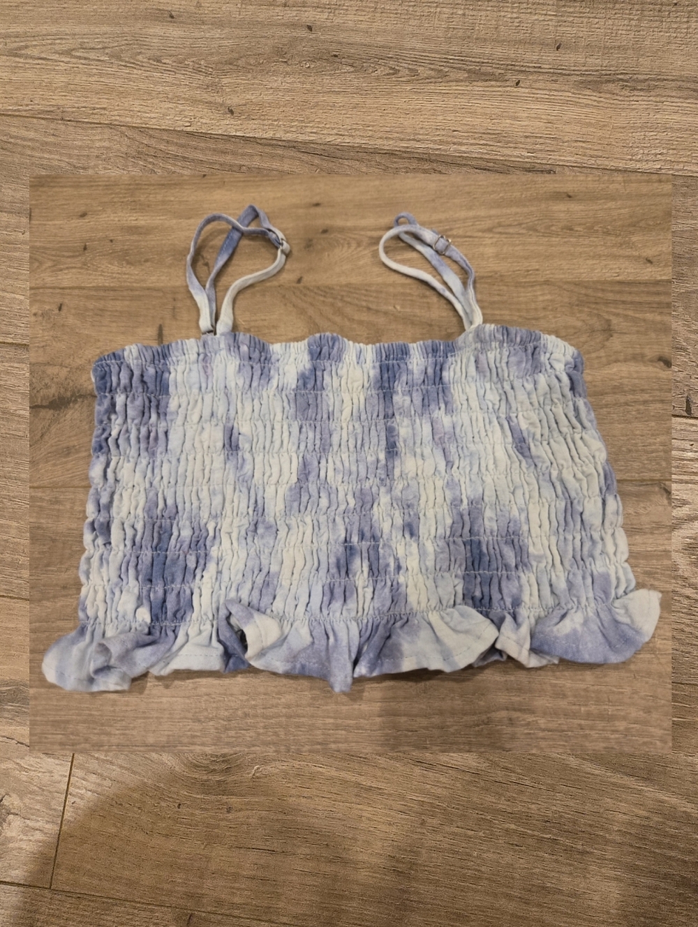 Retro Y2K‎ Blue & White Tie-Dye Smocked Cropped Cami Embroidered Ruching Size S
